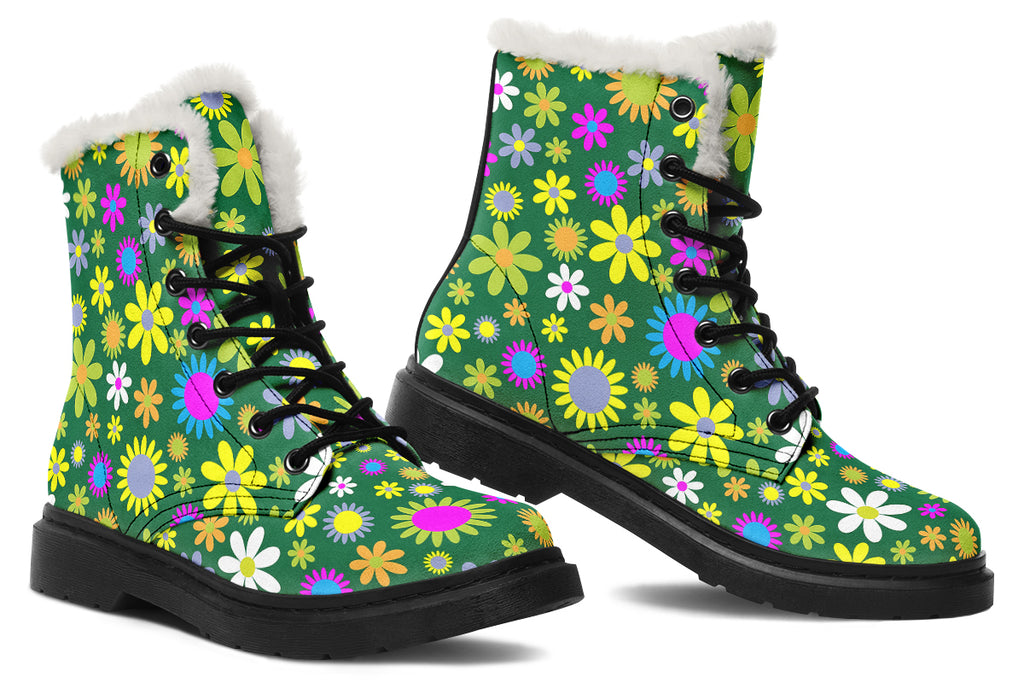 Green Retro Flowers Faux Fur Boots - Offbeat Sweetie