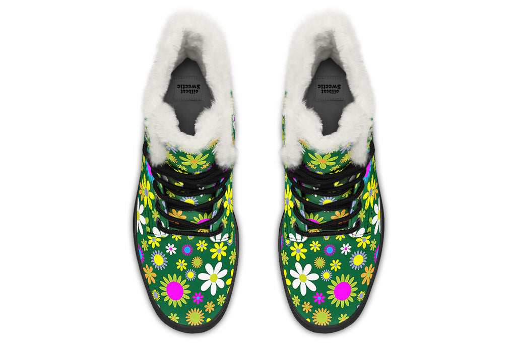 Green Retro Flowers Faux Fur Boots - Offbeat Sweetie