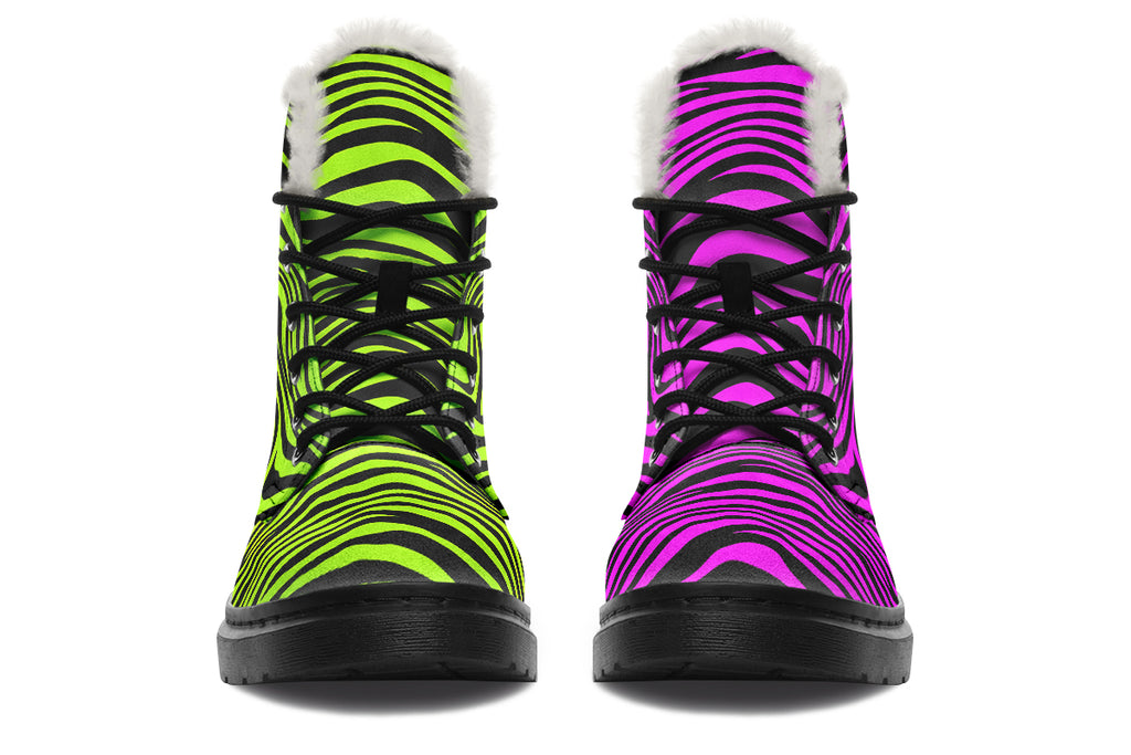 Green and Fuchsia Mismatched Neon Zebra Faux Fur Boots