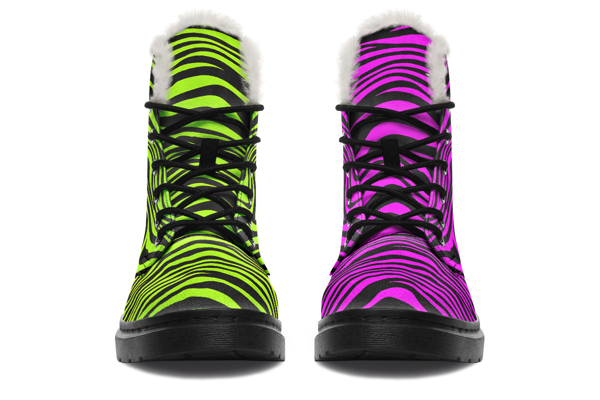 Green and Fuchsia Mismatched Neon Zebra Faux Fur Boots