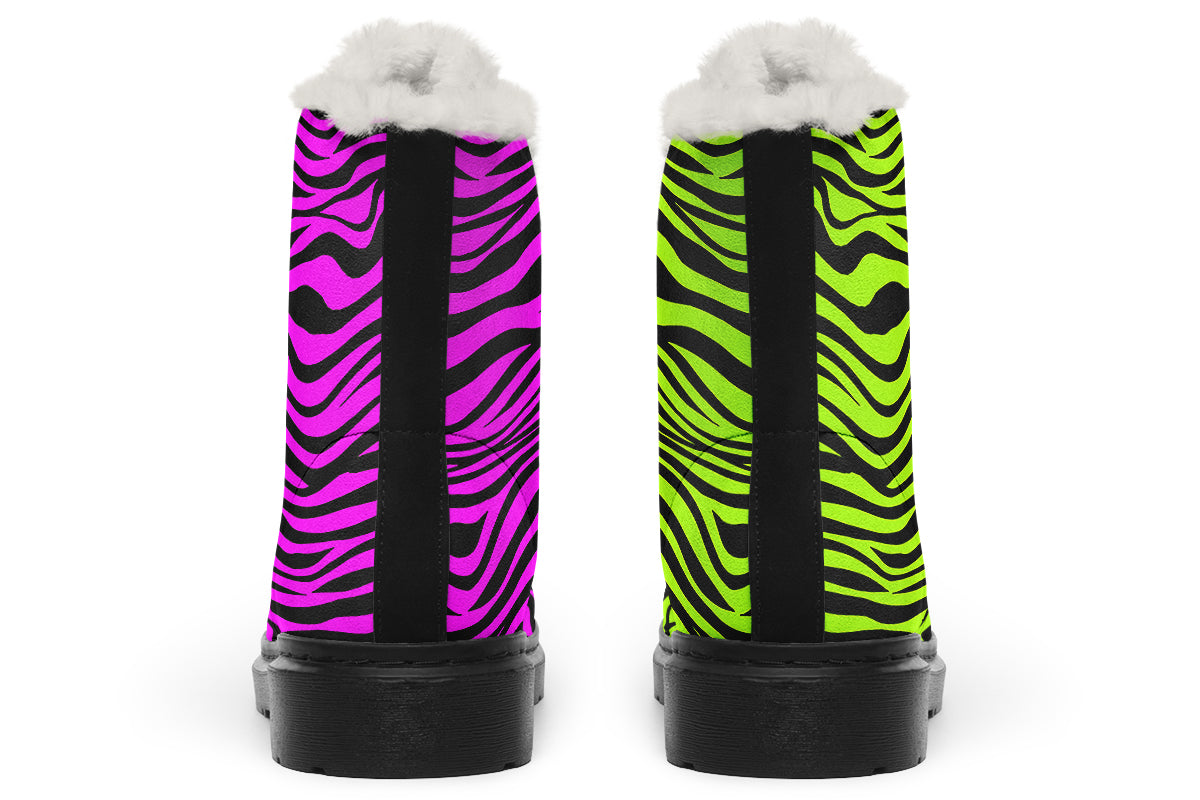 Green and Fuchsia Mismatched Neon Zebra Faux Fur Boots