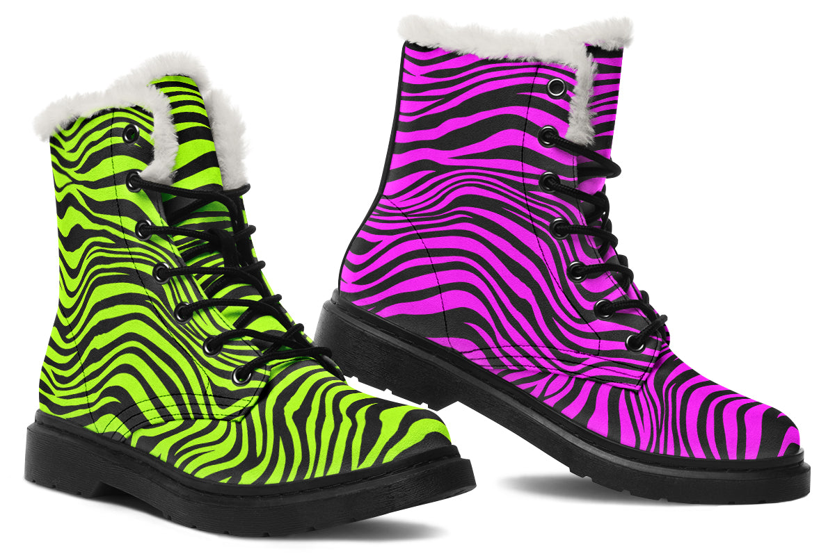 Green and Fuchsia Mismatched Neon Zebra Faux Fur Boots