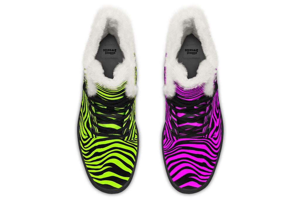 Green and Fuchsia Mismatched Neon Zebra Faux Fur Boots