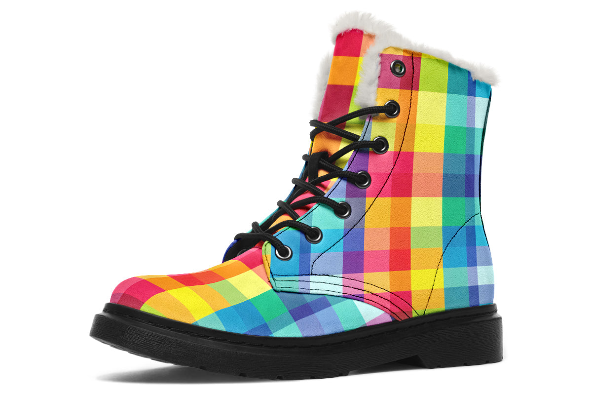 Happy Rainbow Plaid Faux Fur Boots