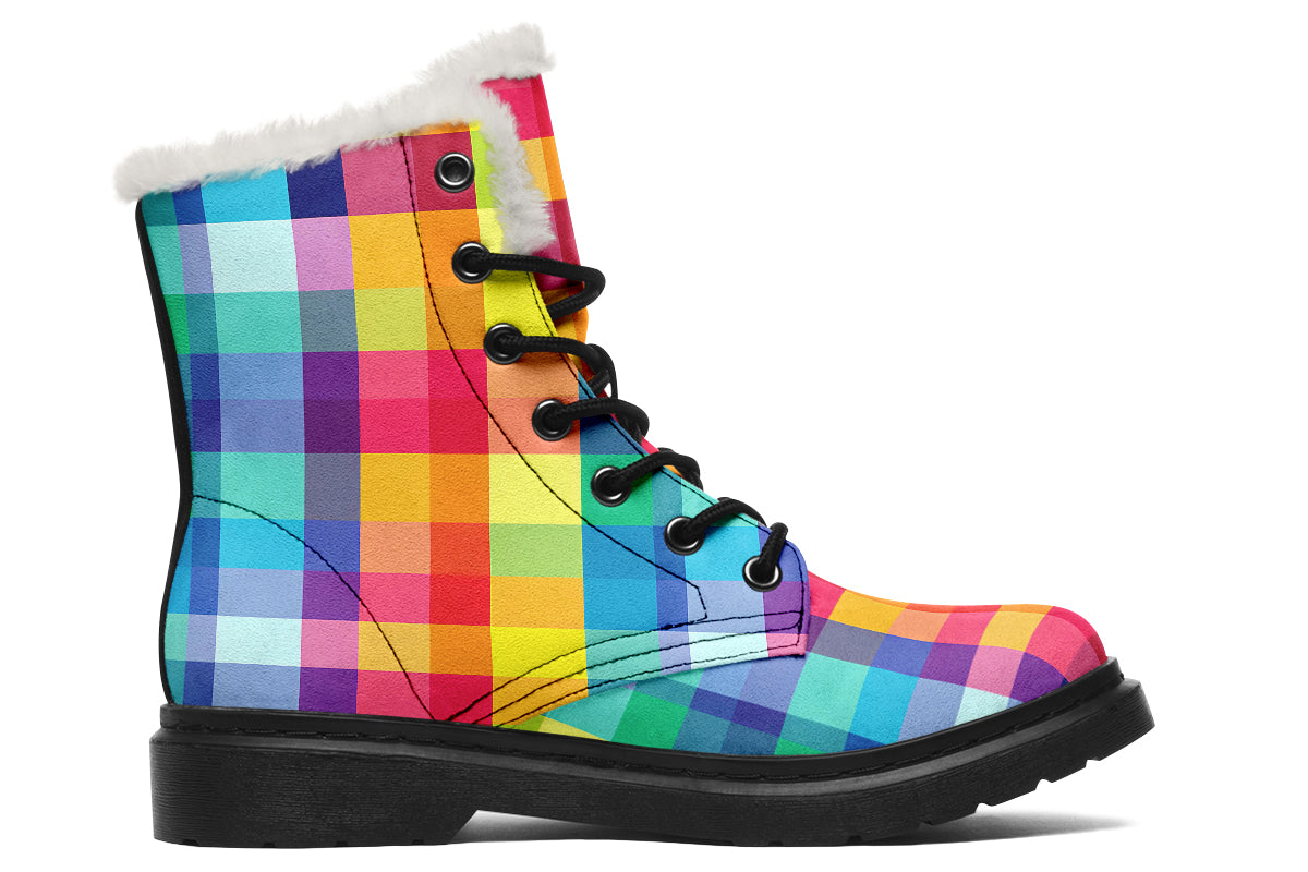 Happy Rainbow Plaid Faux Fur Boots