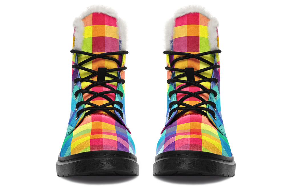 Happy Rainbow Plaid Faux Fur Boots