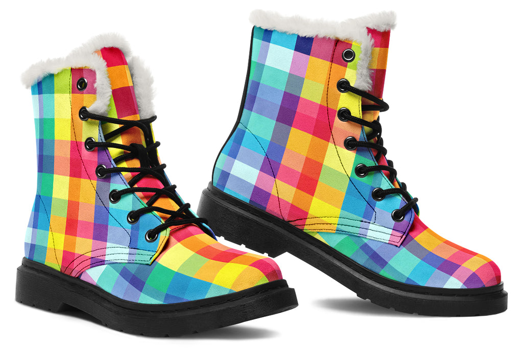 Happy Rainbow Plaid Faux Fur Boots