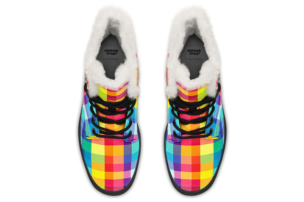 Happy Rainbow Plaid Faux Fur Boots