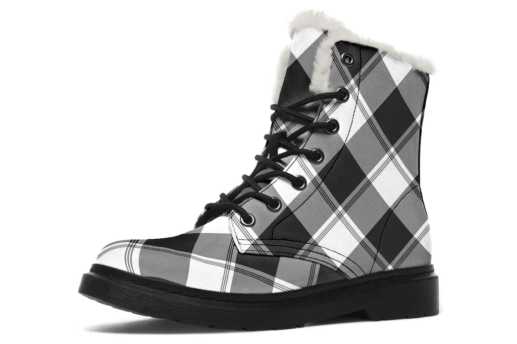 Black And White Plaid Faux Fur Boots
