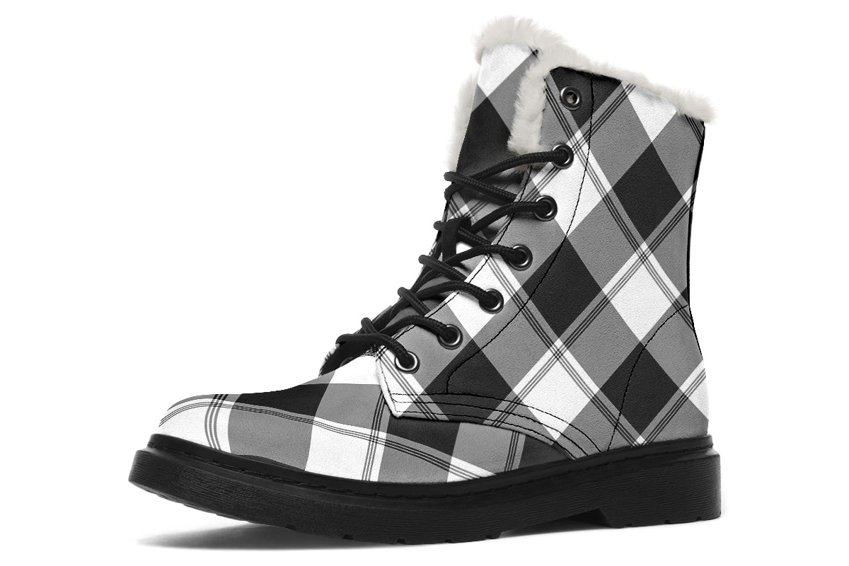 Black And White Plaid Faux Fur Boots
