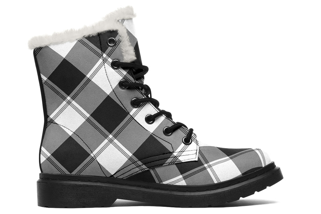 Black And White Plaid Faux Fur Boots