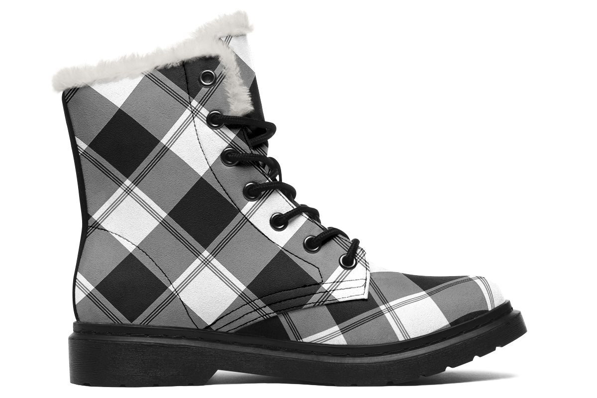Black And White Plaid Faux Fur Boots