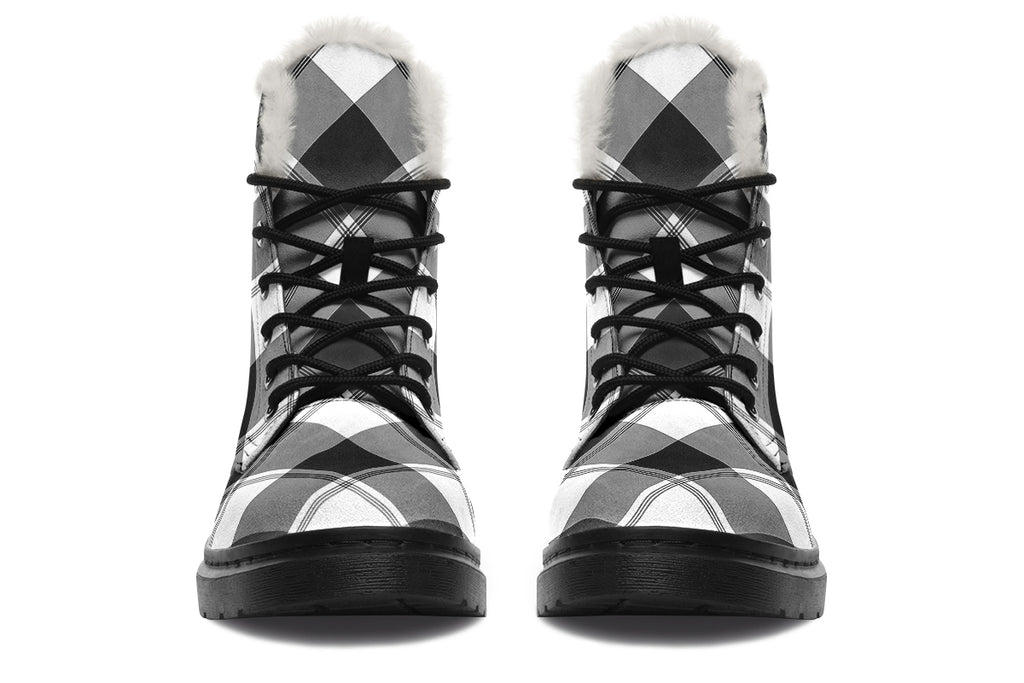 Black And White Plaid Faux Fur Boots