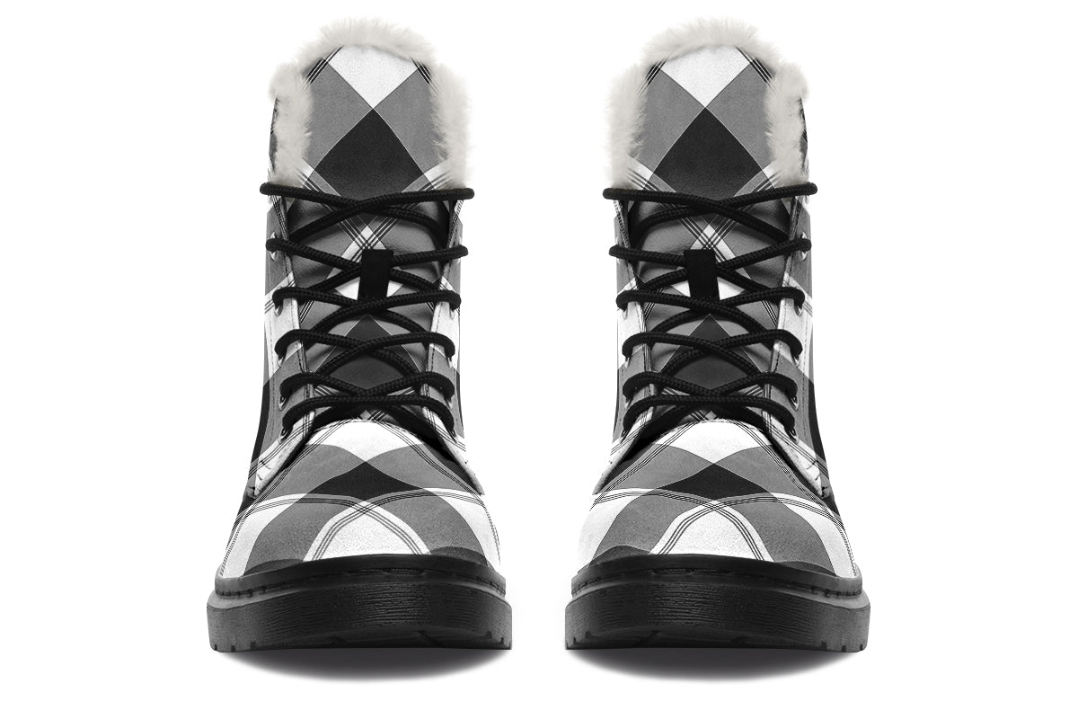 Black And White Plaid Faux Fur Boots