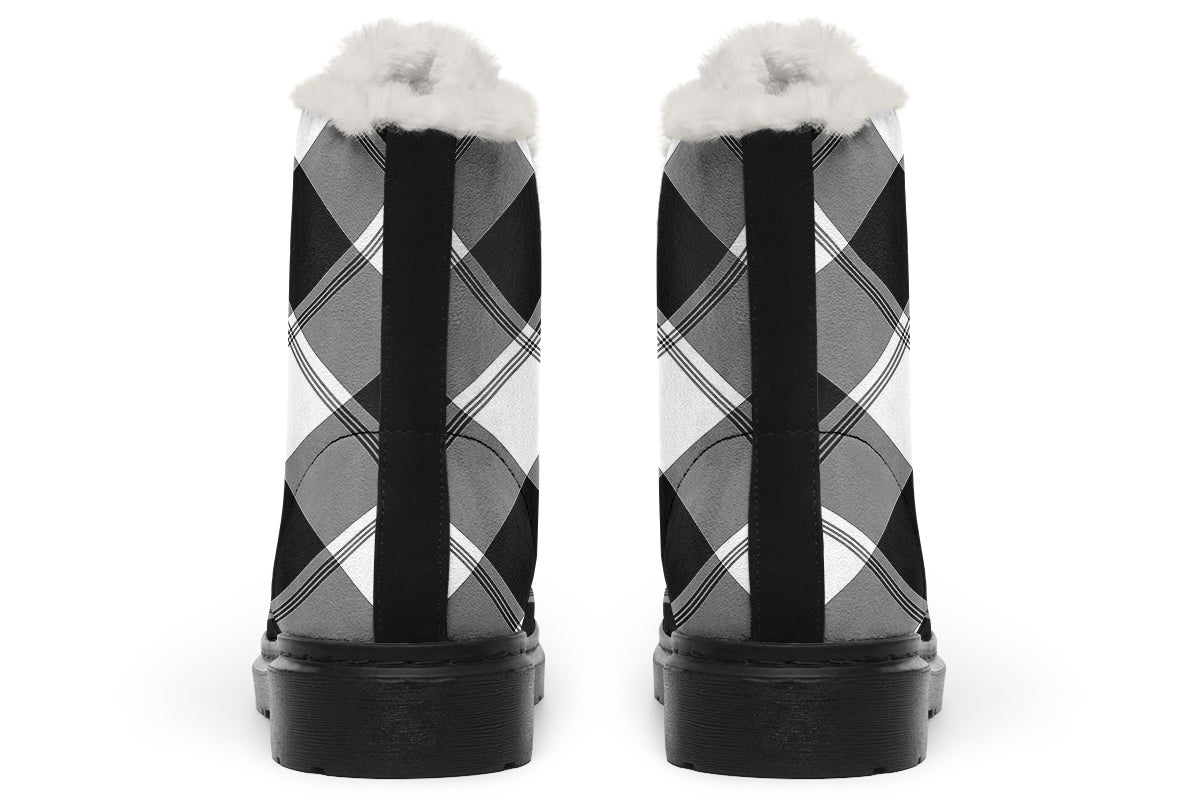 Black And White Plaid Faux Fur Boots