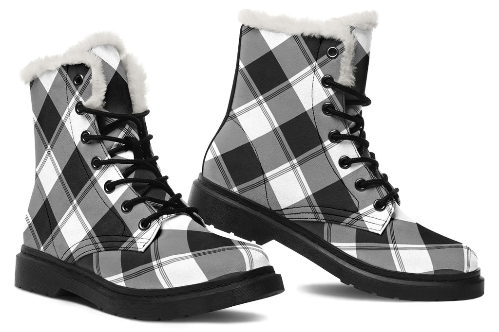 Black And White Plaid Faux Fur Boots
