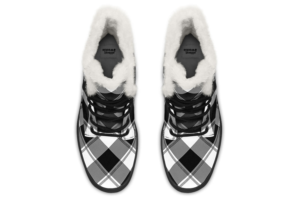Black And White Plaid Faux Fur Boots