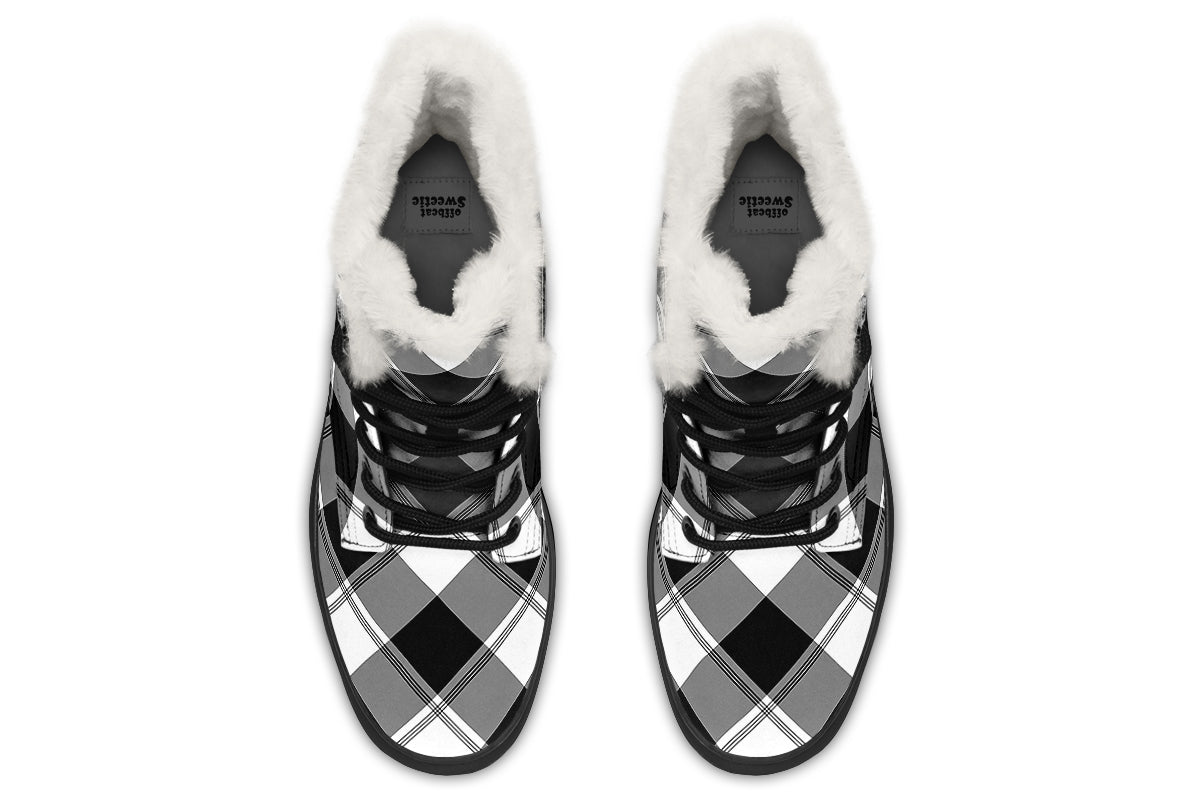 Black And White Plaid Faux Fur Boots