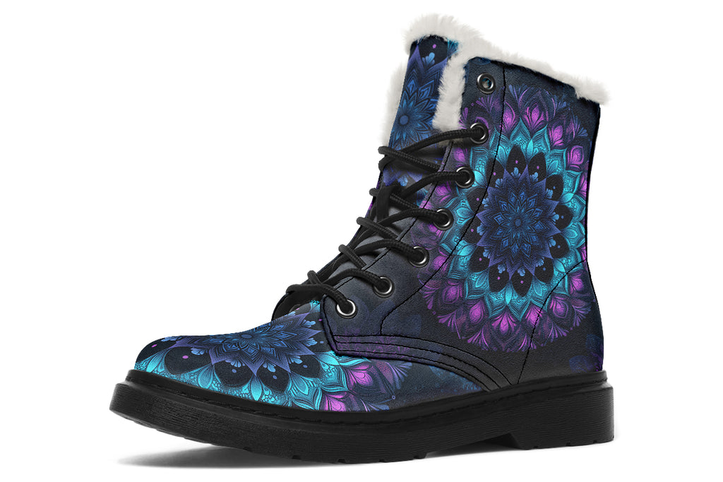 Blue And Purple Mandala Faux Fur Boots - Offbeat Sweetie