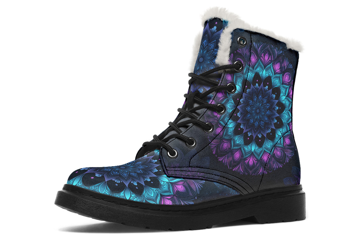 Blue And Purple Mandala Faux Fur Boots - Offbeat Sweetie