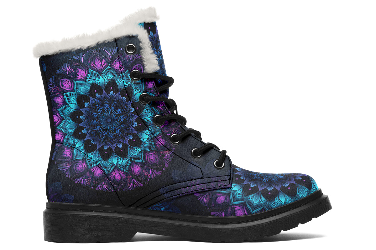 Blue And Purple Mandala Faux Fur Boots - Offbeat Sweetie