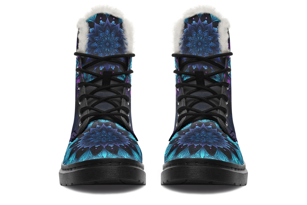 Blue And Purple Mandala Faux Fur Boots - Offbeat Sweetie