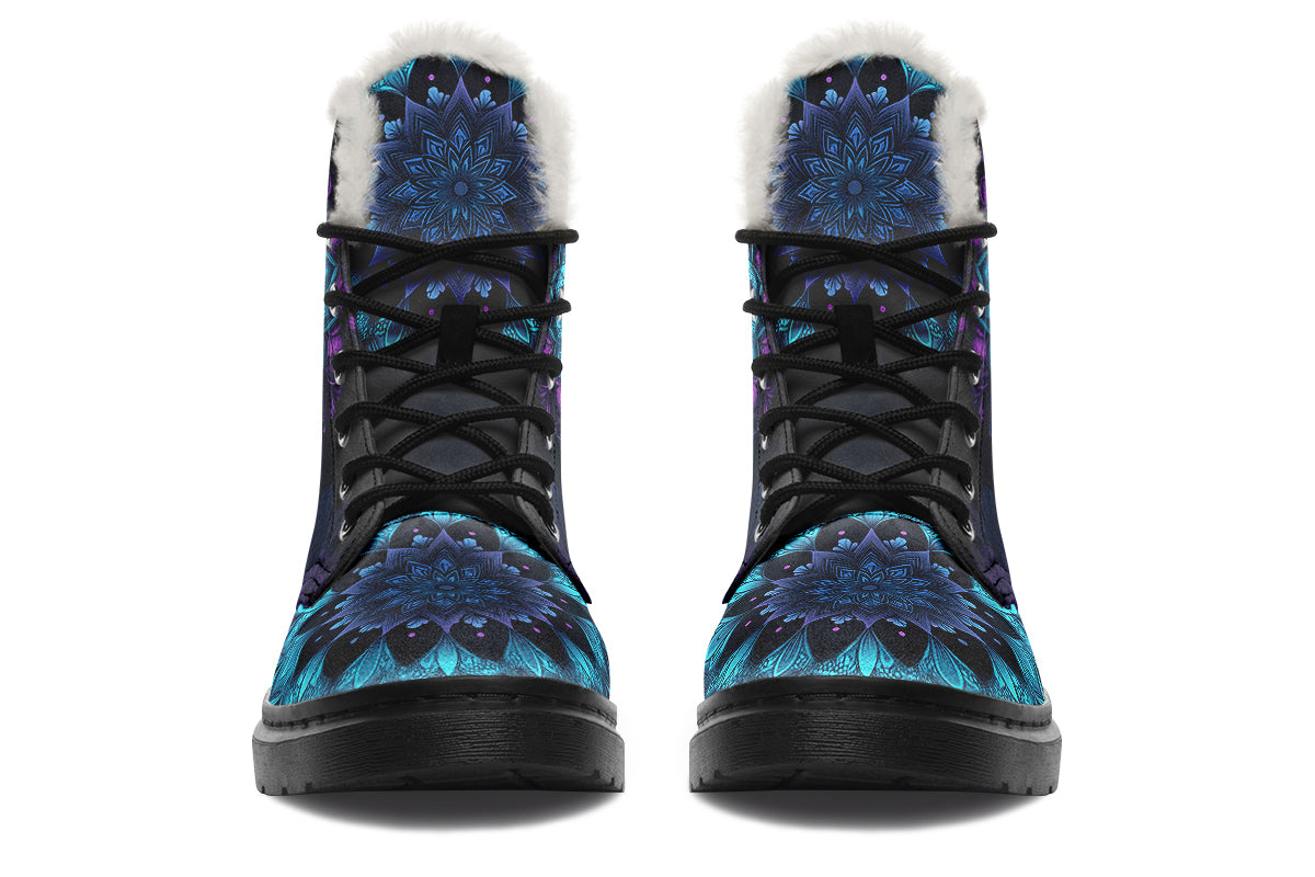 Blue And Purple Mandala Faux Fur Boots - Offbeat Sweetie
