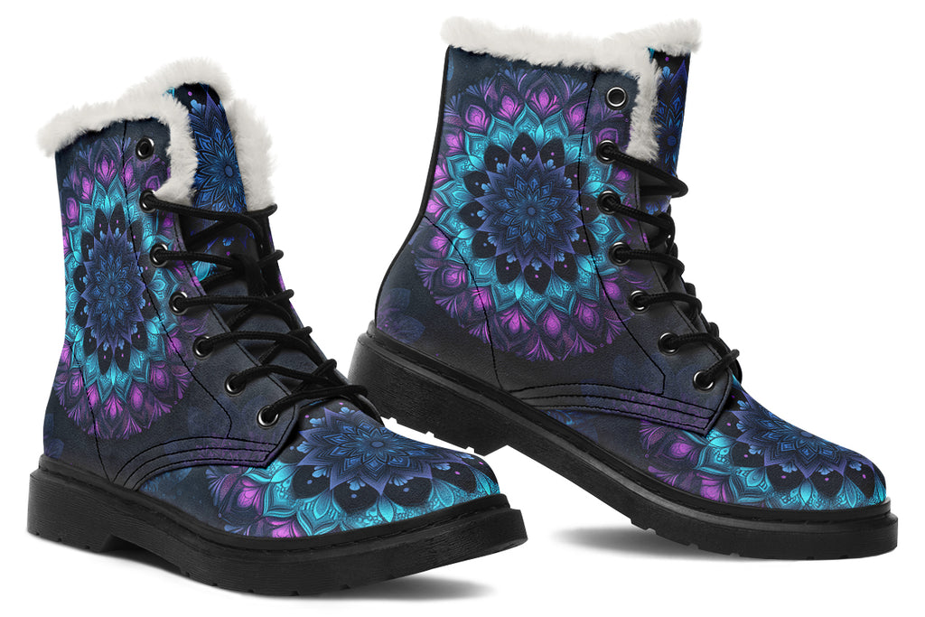Blue And Purple Mandala Faux Fur Boots - Offbeat Sweetie