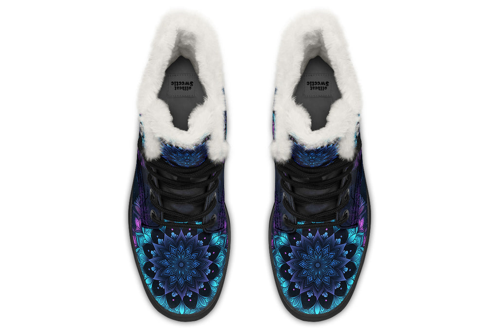 Blue And Purple Mandala Faux Fur Boots - Offbeat Sweetie