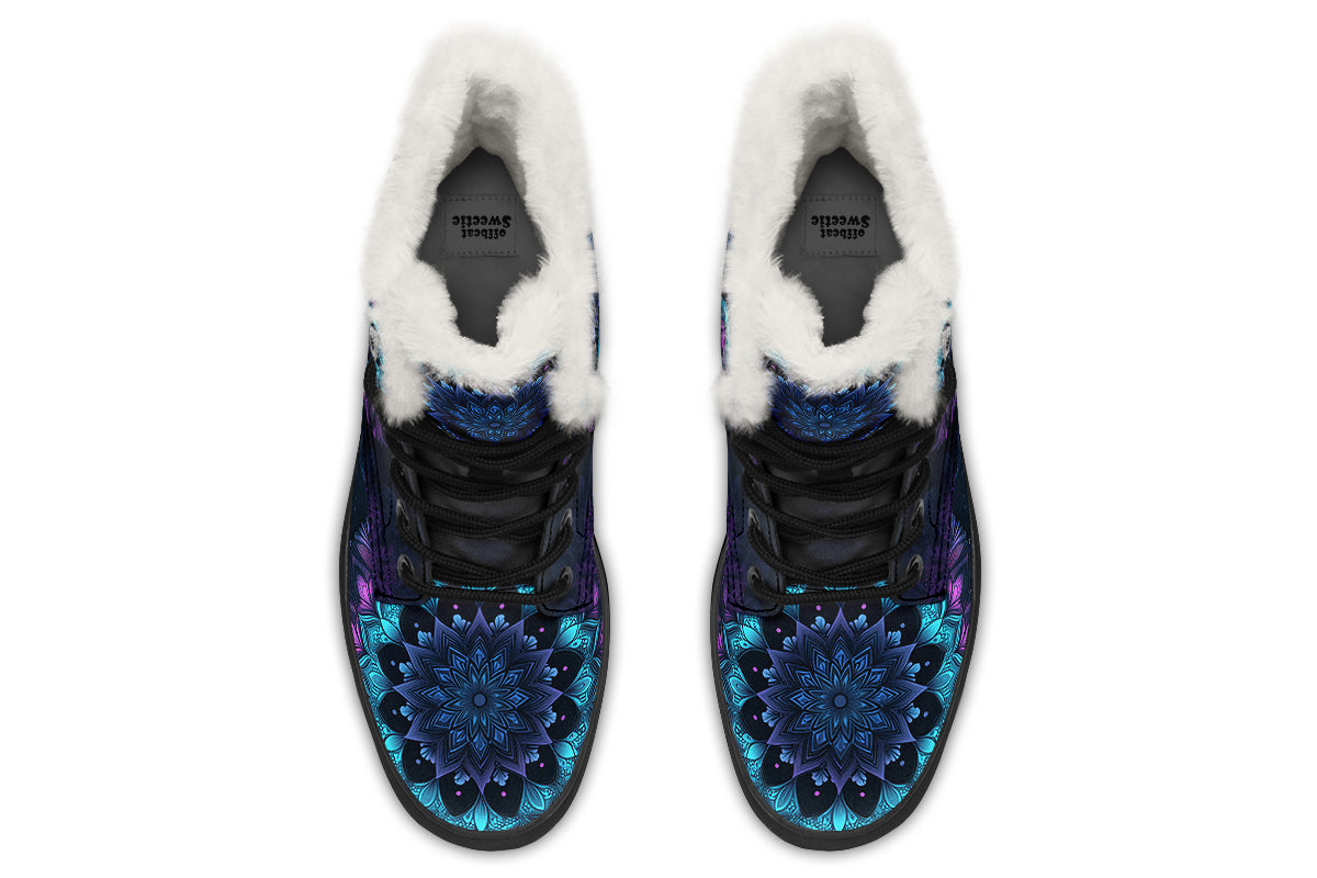 Blue And Purple Mandala Faux Fur Boots - Offbeat Sweetie