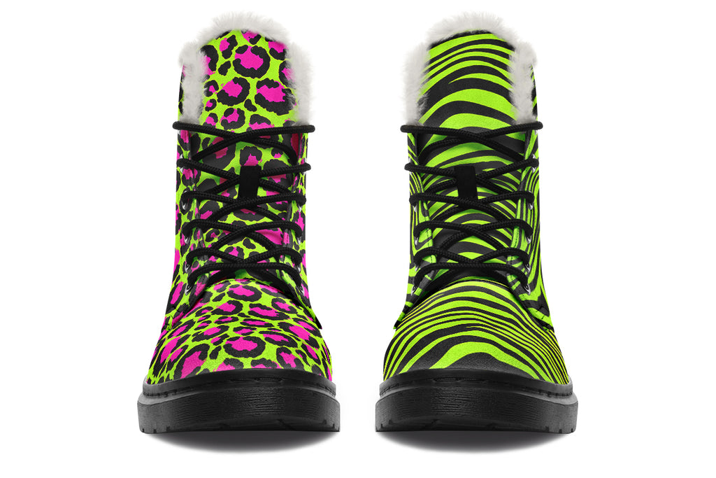 Neon Leopard x Neon Zebra Green Mismatch Faux Fur Boots