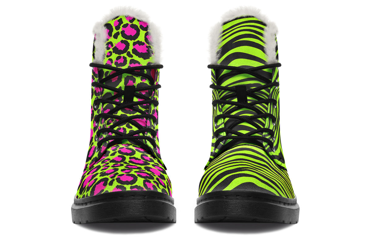 Neon Leopard x Neon Zebra Green Mismatch Faux Fur Boots
