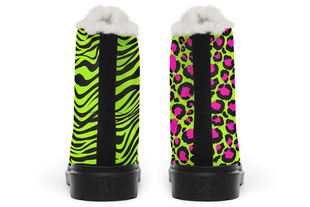 Neon Leopard x Neon Zebra Green Mismatch Faux Fur Boots