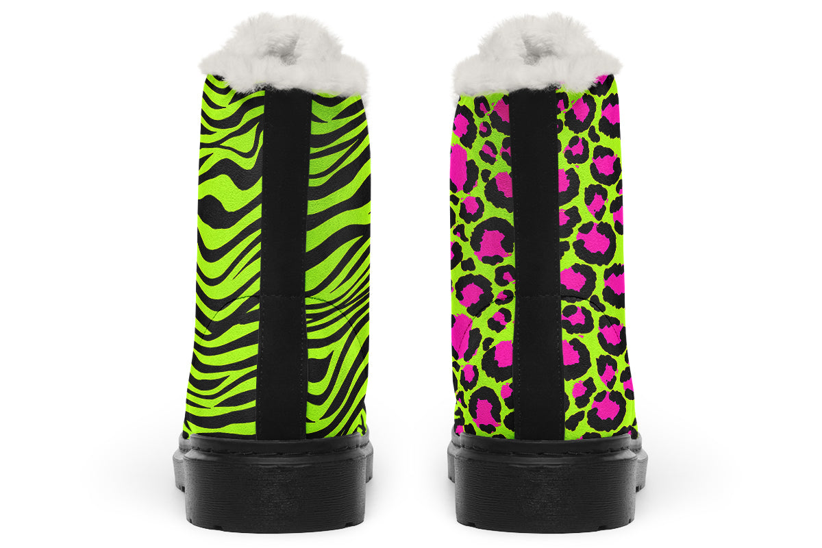 Neon Leopard x Neon Zebra Green Mismatch Faux Fur Boots