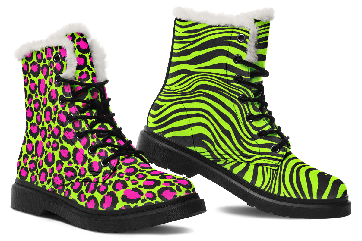 Neon Leopard x Neon Zebra Green Mismatch Faux Fur Boots
