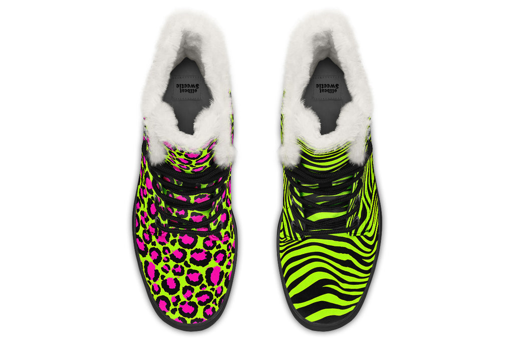 Neon Leopard x Neon Zebra Green Mismatch Faux Fur Boots