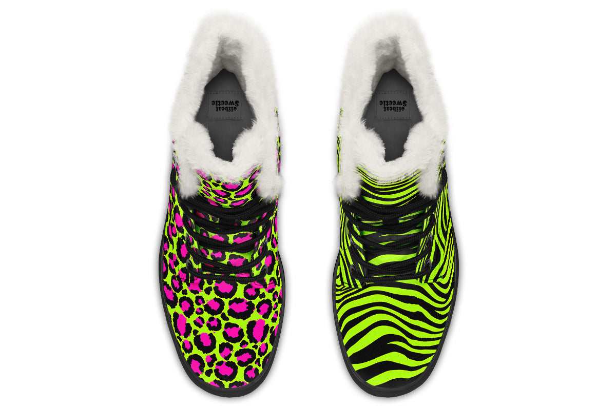 Neon Leopard x Neon Zebra Green Mismatch Faux Fur Boots