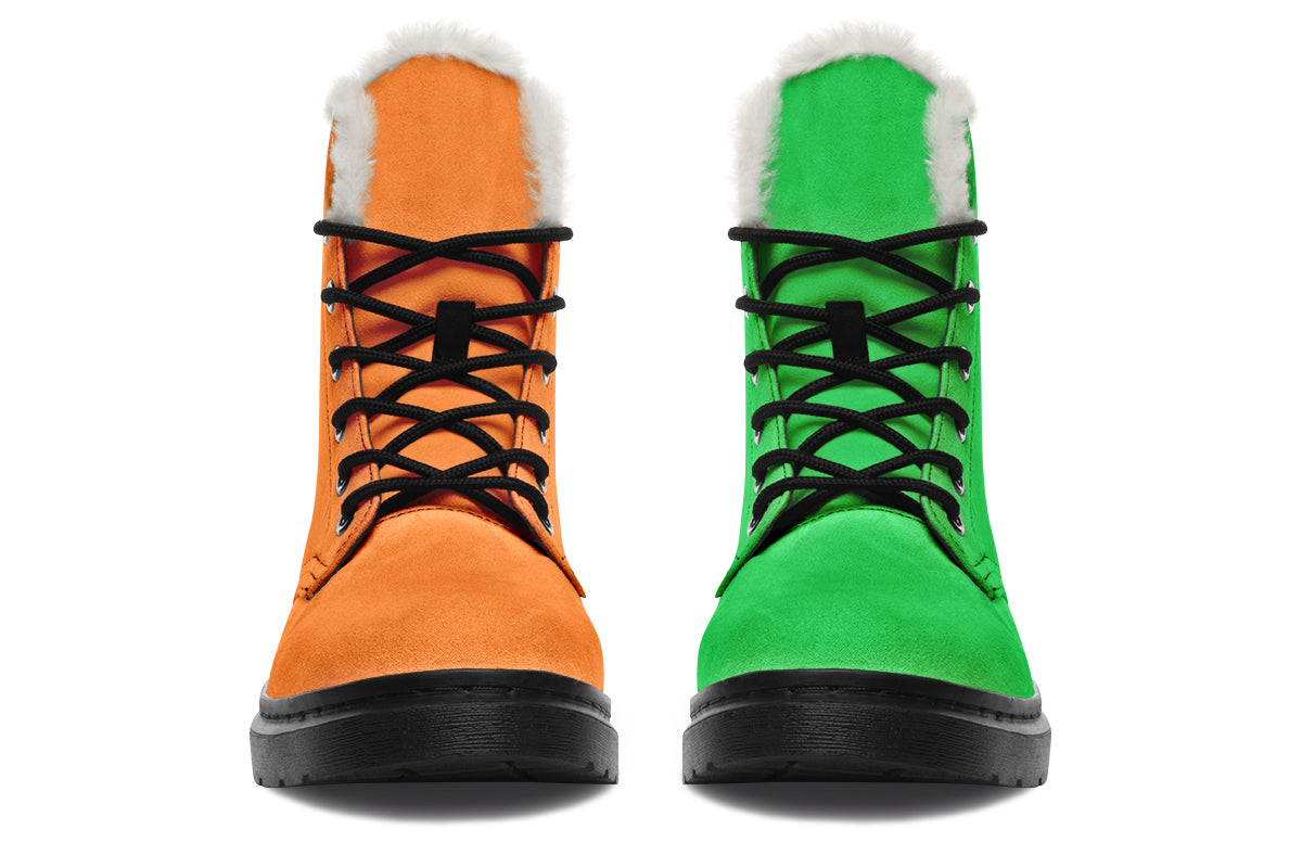 Orange and Green Mismatch Faux Fur Boots - Offbeat Sweetie