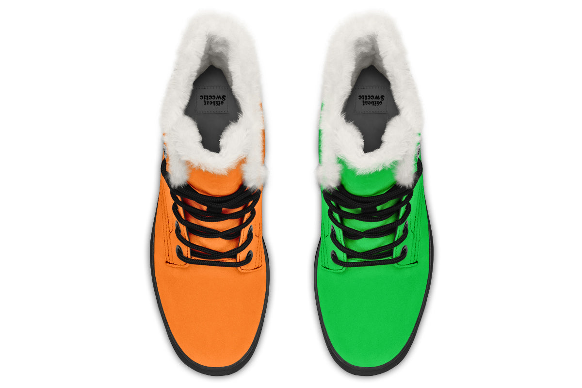 Orange and Green Mismatch Faux Fur Boots - Offbeat Sweetie