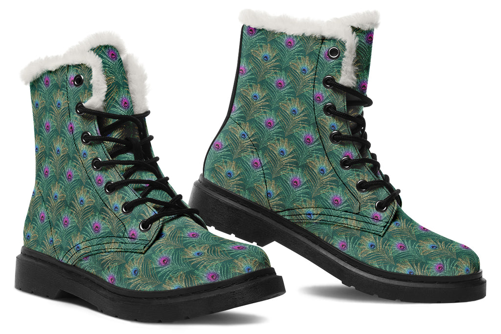 Peacock Feathers Faux Fur Boots - Offbeat Sweetie