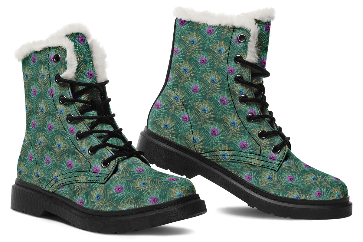 Peacock Feathers Faux Fur Boots - Offbeat Sweetie