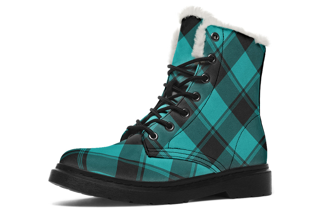 Pennyroyal Teal Plaid Faux Fur Boots