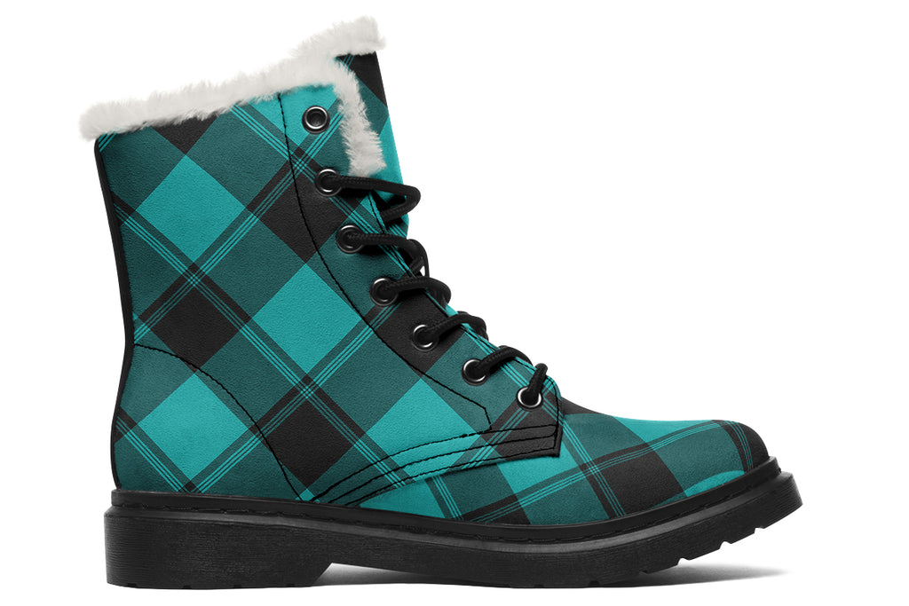 Pennyroyal Teal Plaid Faux Fur Boots