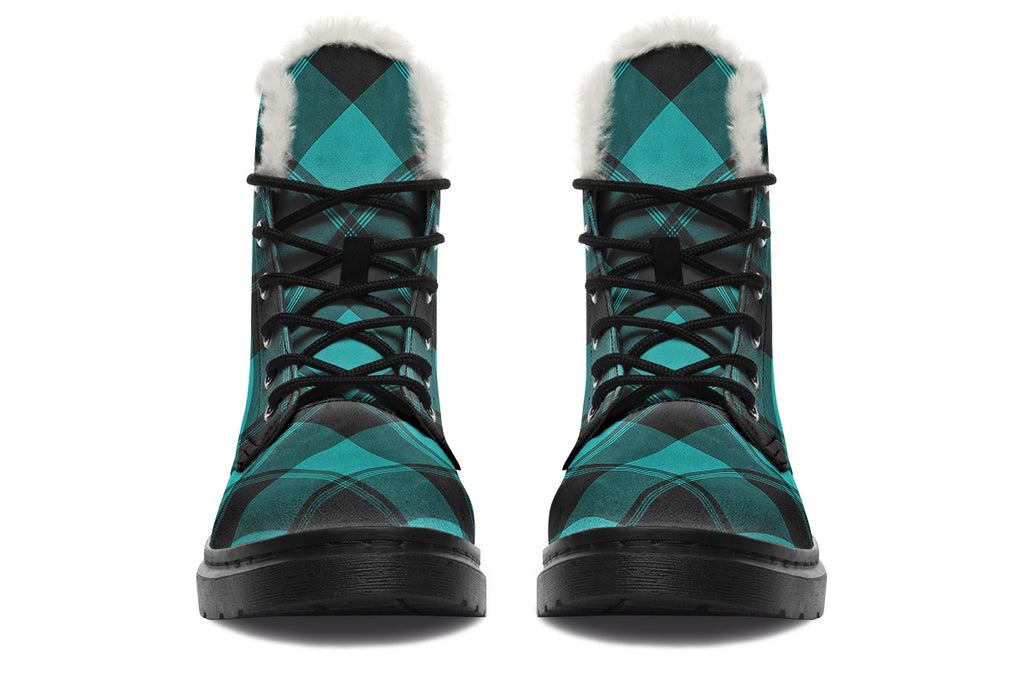 Pennyroyal Teal Plaid Faux Fur Boots