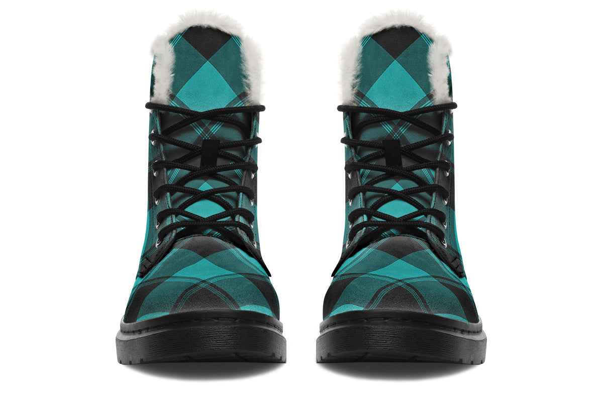 Pennyroyal Teal Plaid Faux Fur Boots