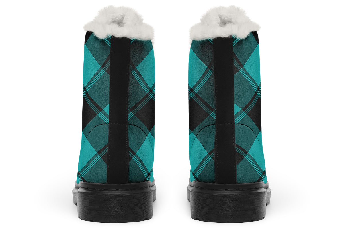 Pennyroyal Teal Plaid Faux Fur Boots