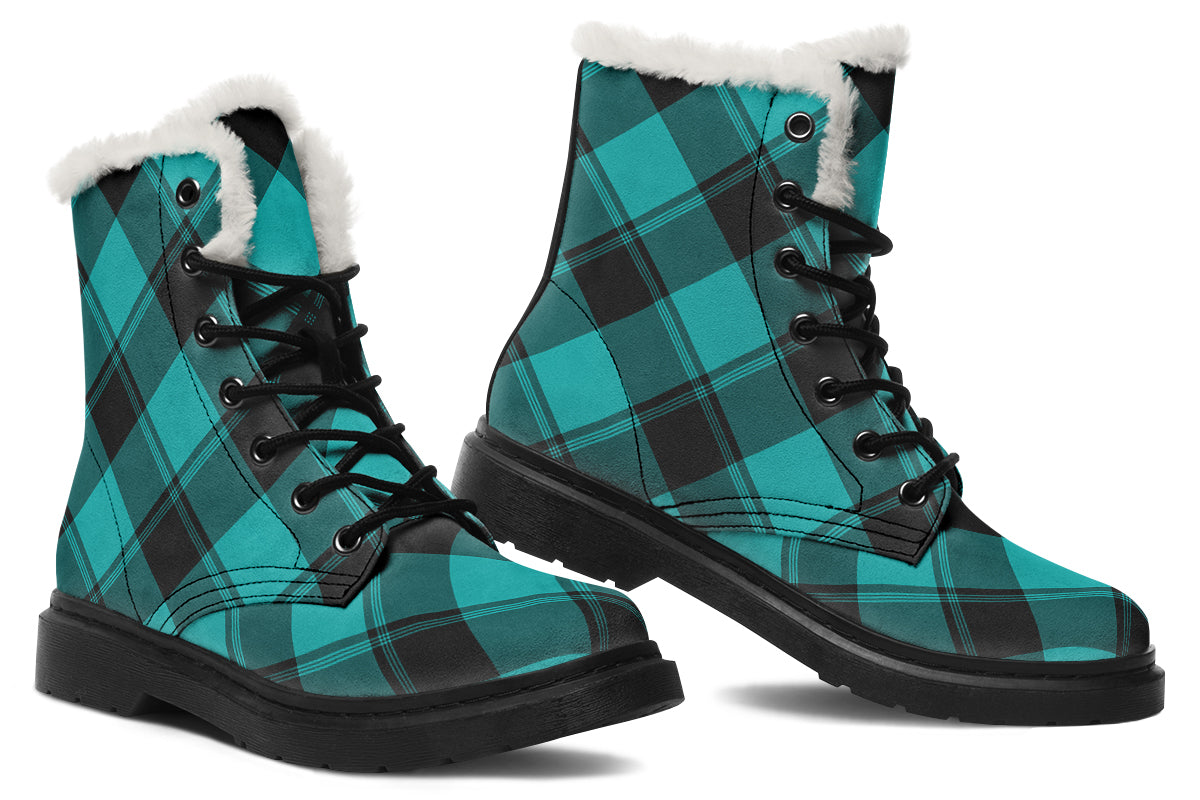 Pennyroyal Teal Plaid Faux Fur Boots