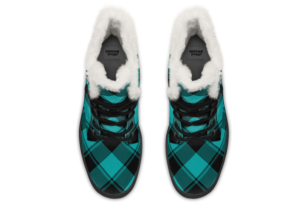 Pennyroyal Teal Plaid Faux Fur Boots