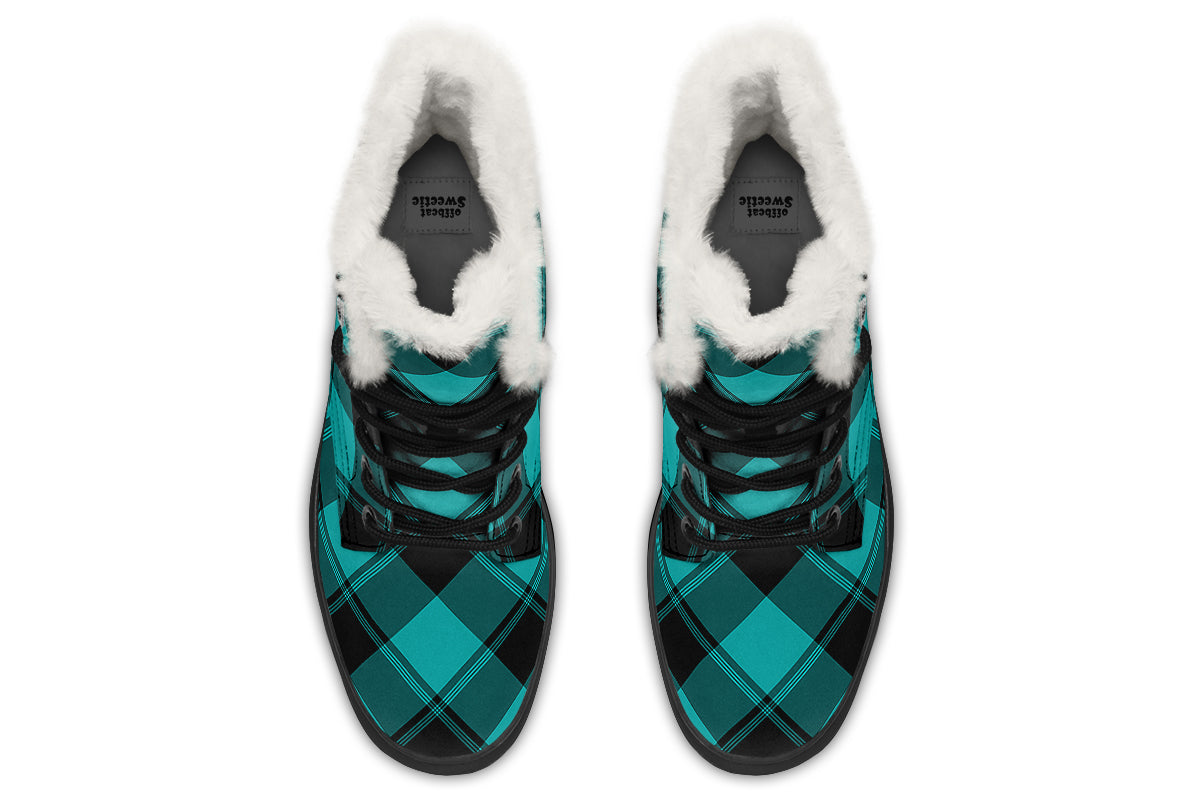 Pennyroyal Teal Plaid Faux Fur Boots