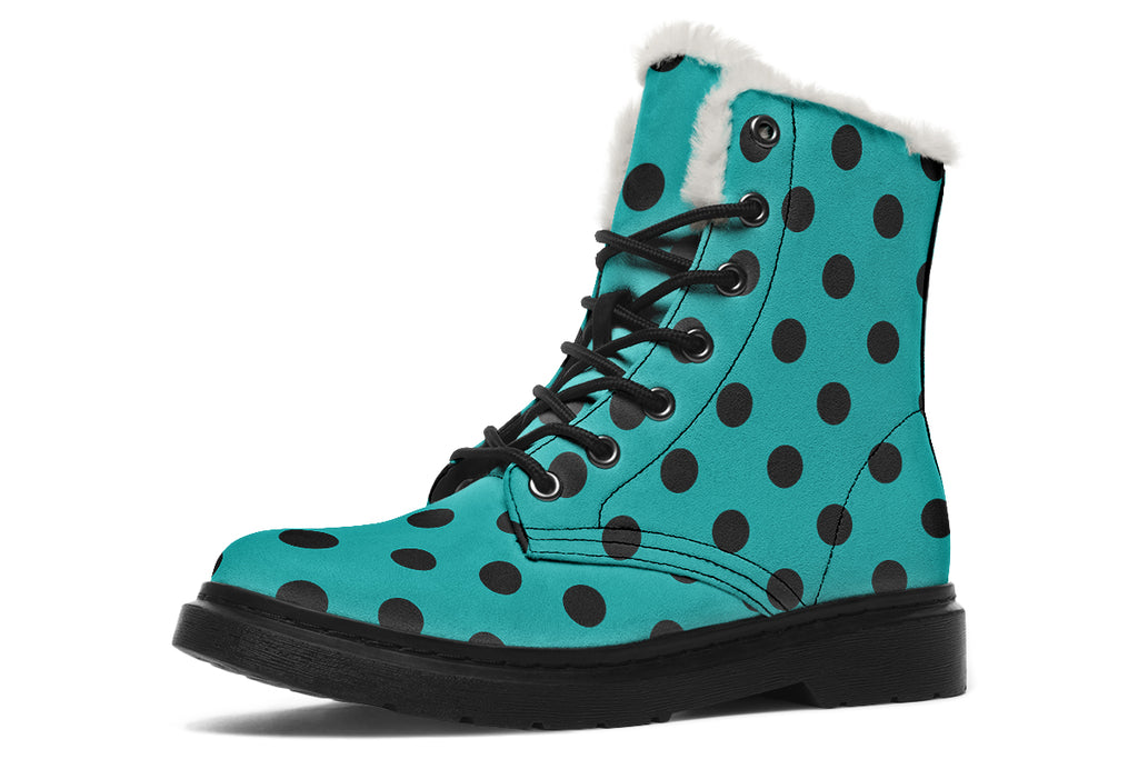 Pennyroyal Teal Polka Dot Faux Fur Boots